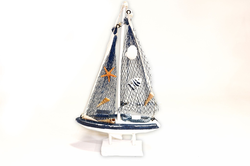 BARCA LEGNO BIANCA BLU C/RETE E CONCH CM 28 