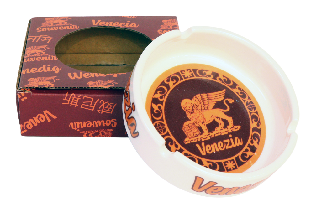 POSACENERE CERAMICA BORDO DORATO CON DECALCO VENEZIA E SCATOLA