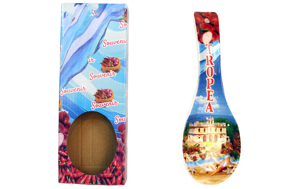 POGGIAMESTOLO CERAMICA 26CM CON DECALCO TROPEA E BOX CON FINESTRA