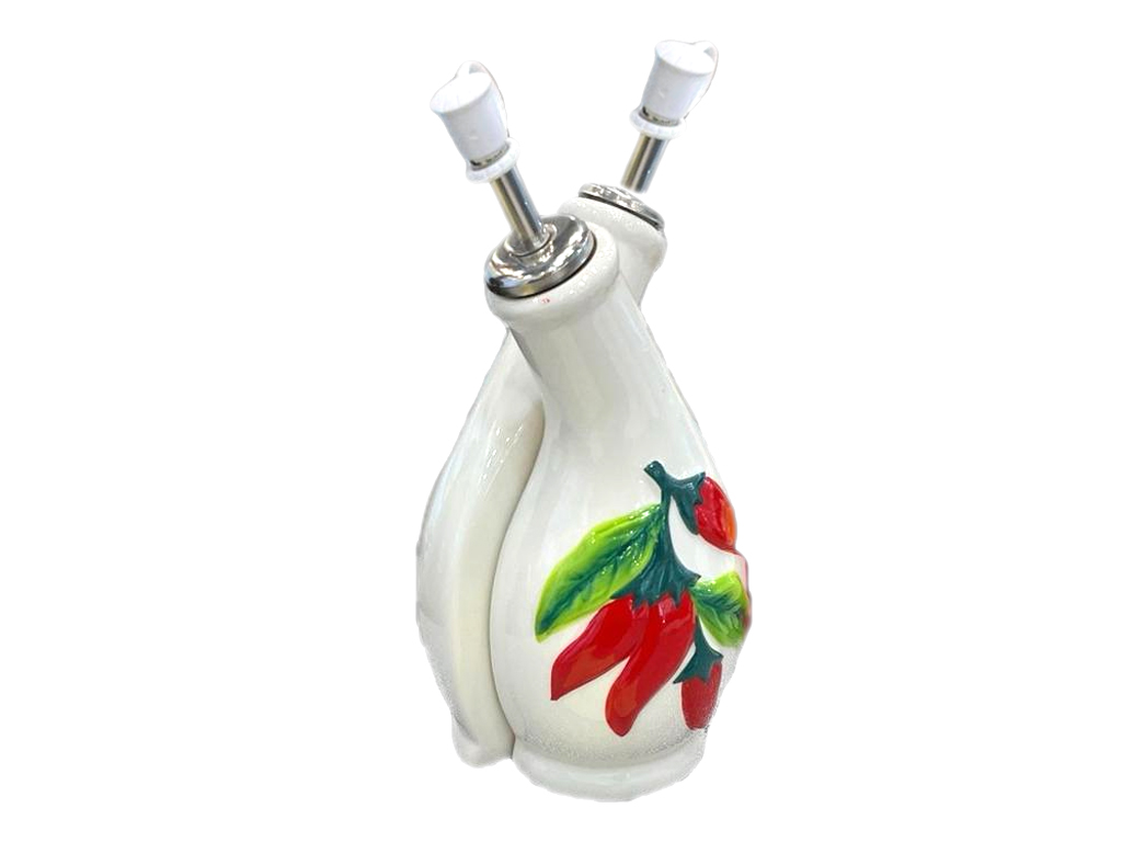 SET 2 BOTTIGLIE OLIO ACETO IN CERAMICA CON PEPERONCINI A RILIEVO