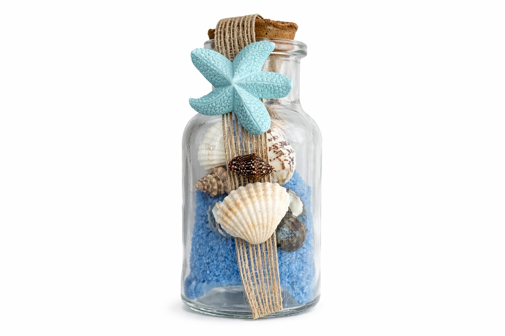BOTTIGLIETTE VETRO FIORE CON CONCH E SABBIA CHIUSURA SOGG RESINA 11*5.5 CM