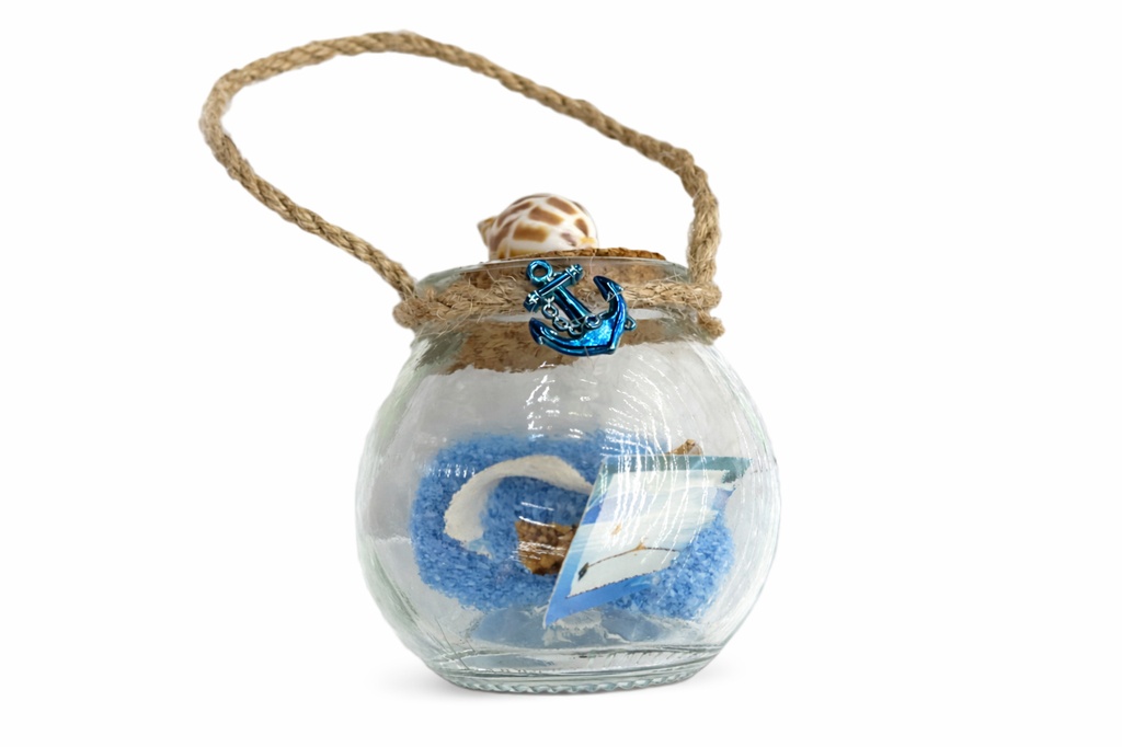 BOTTIGLIETTE VETRO FIORE CON CONCH E SABBIA CHIUSURA SOGG RESINA 5*7 CM